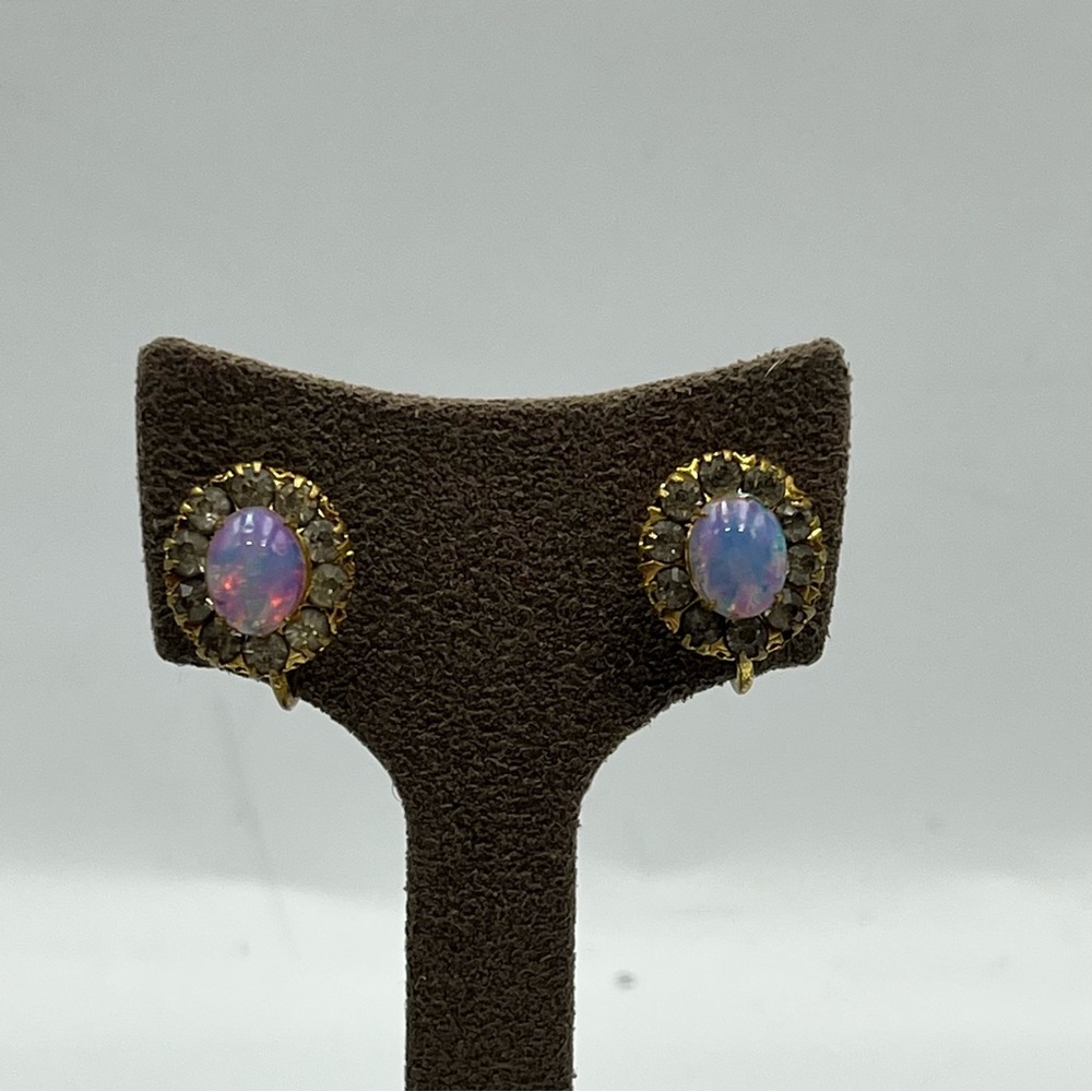 1940s Faux Pink Opal & Rhinestone Screw Back Gold Toned Earrings